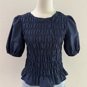 Sanctuary Navy Smocked Puff Sleeve Blouse